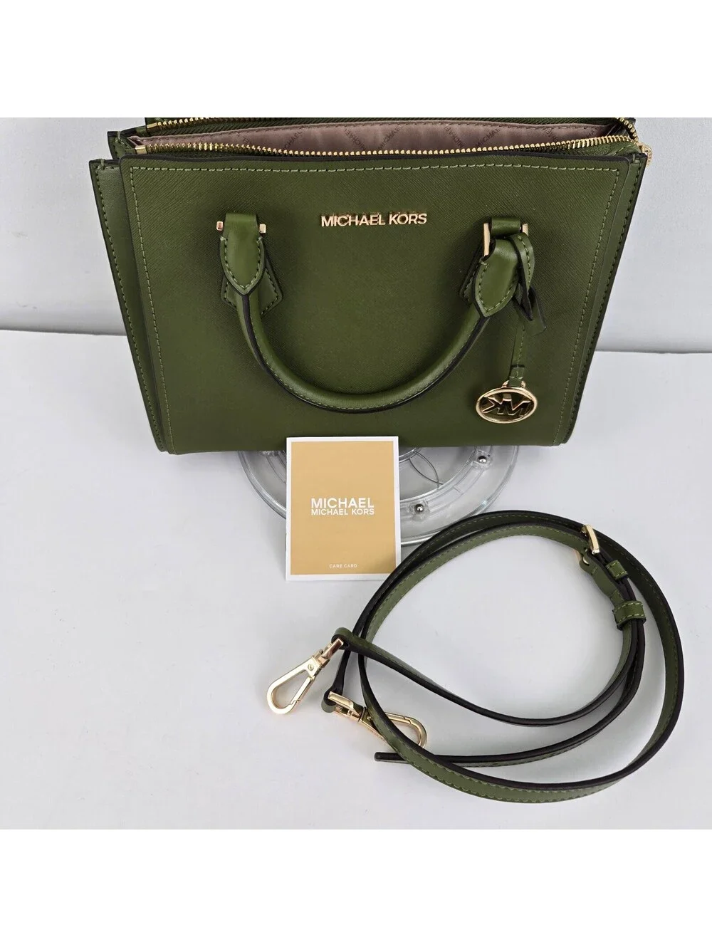 Michael Kors Olive Green Saffiano Leather Satchel Handbag with Detachable Strap
